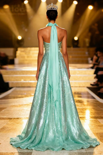 Sparkly Mint Green Strapless A Line Long Sequin Pageant Dress