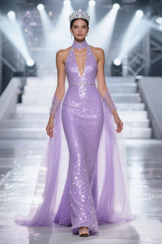 Sparkly Light Purple V-Neck Mermaid Sequins Long Pageant Dress