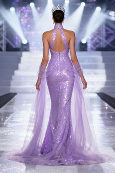 Sparkly Light Purple V-Neck Mermaid Sequins Long Pageant Dress