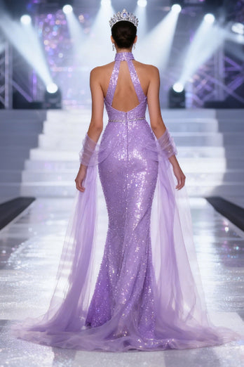 Sparkly Light Purple V-Neck Mermaid Sequins Long Pageant Dress
