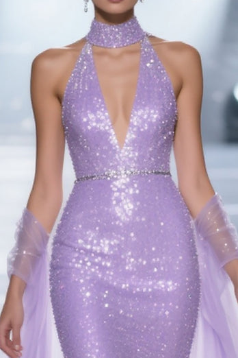 Sparkly Light Purple V-Neck Mermaid Sequins Long Pageant Dress
