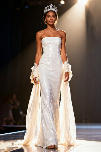 Sparkly White Mermaid Strapless Sequins Long Pageant Dress