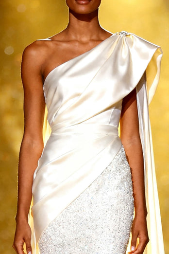 Sparkly White Mermaid One Shoulder Sequins Long Pageant Dress with Side Cape
