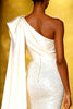 Load image into Gallery viewer, Sparkly White Mermaid One Shoulder Sequins Long Pageant Dress with Side Cape