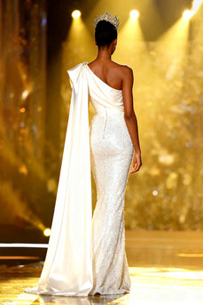 Sparkly White Mermaid One Shoulder Sequins Long Pageant Dress with Side Cape