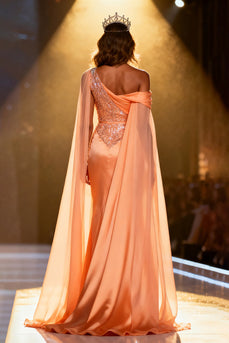 Sparkly Orange Satin Sequins Mermaid Ruched Long Pageant Dress with Cape