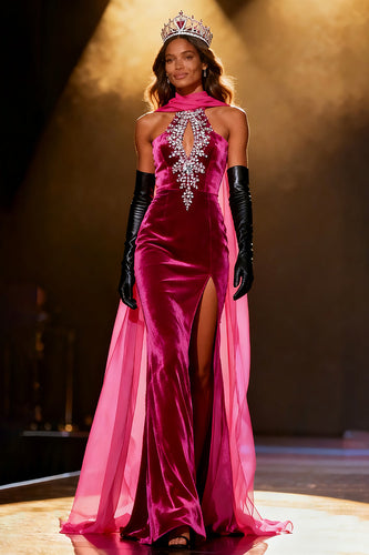 Sparkly Fuchsia Mermaid Neck Scarf Velvet Rhinestone Long Pageant Dress with Slit