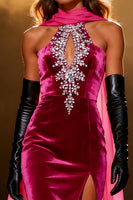 Load image into Gallery viewer, Sparkly Fuchsia Mermaid Neck Scarf Velvet Rhinestone Long Pageant Dress with Slit