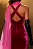 Load image into Gallery viewer, Sparkly Fuchsia Mermaid Neck Scarf Velvet Rhinestone Long Pageant Dress with Slit