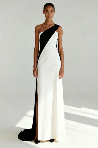 Black and White One Shoulder Sheath Maxi Formal Dress with Slit