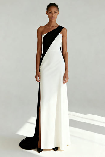Black and White One Shoulder Sheath Maxi Formal Dress with Slit