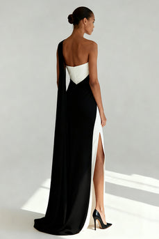 Black and White One Shoulder Sheath Maxi Formal Dress with Slit