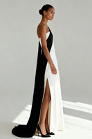 Load image into Gallery viewer, Black and White One Shoulder Sheath Maxi Formal Dress with Slit