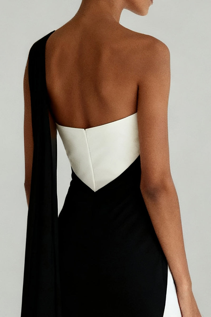 Load image into Gallery viewer, Black and White One Shoulder Sheath Maxi Formal Dress with Slit