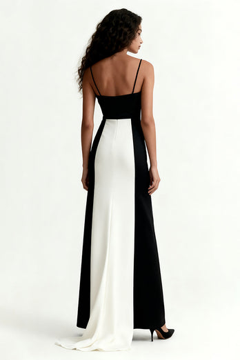 Black and White Spaghetti Straps Patchwork Long Formal Dress