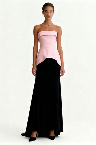 Black and Pink Satin Sheath Strapless Maxi Formal Dress