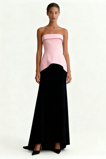 Black and Pink Satin Sheath Strapless Maxi Formal Dress