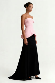 Black and Pink Satin Sheath Strapless Maxi Formal Dress