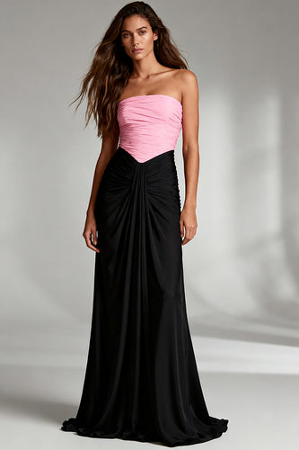 Black and Pink Strapless Ruched Satin Maxi Formal Dress