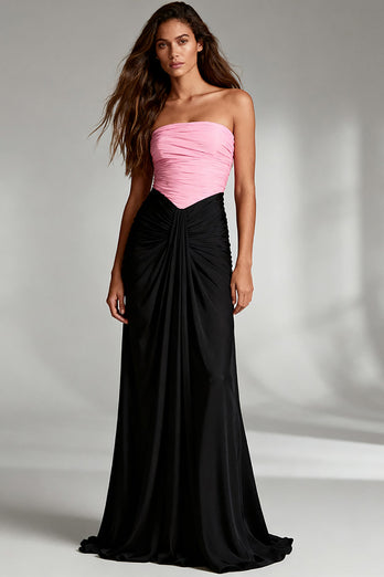 Black and Pink Strapless Ruched Satin Maxi Formal Dress