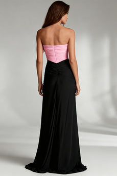 Black and Pink Strapless Ruched Satin Maxi Formal Dress