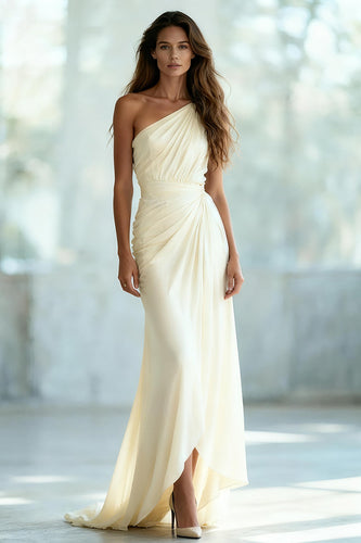 Ivory Chiffon Ruched Sheath One Shoulder Maxi Formal Dress