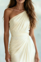 Load image into Gallery viewer, Ivory Chiffon Ruched Sheath One Shoulder Maxi Formal Dress