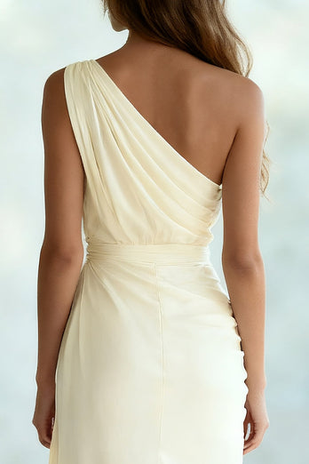 Ivory Chiffon Ruched Sheath One Shoulder Maxi Formal Dress