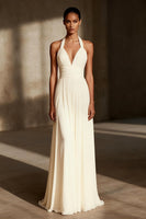 Load image into Gallery viewer, Women Ivory Sheath Long Formal Dress Chiffon Ruched Halter Wedding Reception Dress