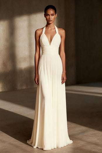 Ivory Sheath Chiffon Halter Ruched Maxi Formal Dress