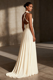 Ivory Sheath Chiffon Halter Ruched Maxi Formal Dress