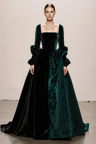 Dark Green Ball Gown Velvet Square Neck Maxi Holiday Party Dress
