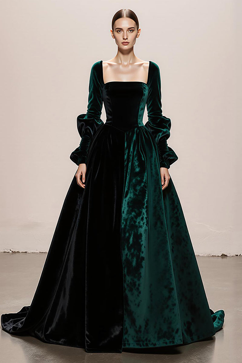 Load image into Gallery viewer, Dark Green Ball Gown Velvet Square Neck Maxi Holiday Party Dress