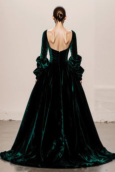 Dark Green Ball Gown Velvet Square Neck Maxi Holiday Party Dress