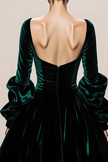 Dark Green Ball Gown Velvet Square Neck Maxi Holiday Party Dress