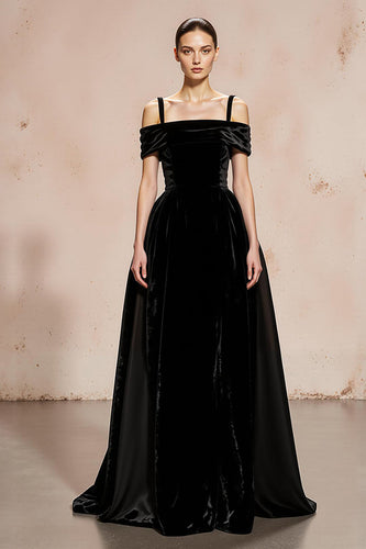 Black Ball Gown Cold Shoulder Velvet Maxi Holiday Party Dress