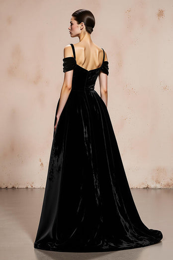 Black Ball Gown Cold Shoulder Velvet Maxi Holiday Party Dress