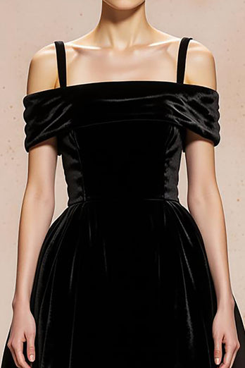 Black Ball Gown Cold Shoulder Velvet Maxi Holiday Party Dress