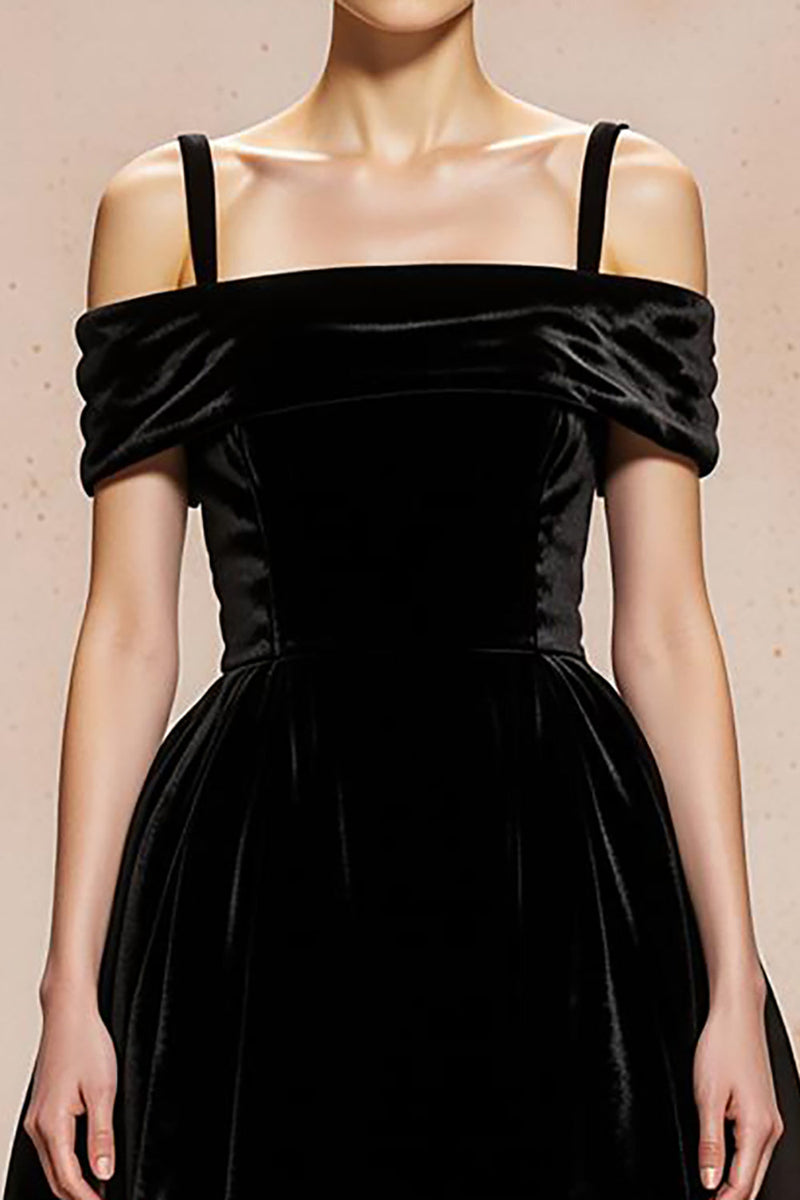Load image into Gallery viewer, Black Ball Gown Cold Shoulder Velvet Maxi Holiday Party Dress