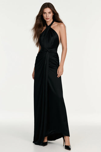 Black Halter Sheath Maxi Formal Dress with Sash