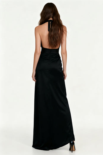 Black Halter Sheath Maxi Formal Dress with Sash