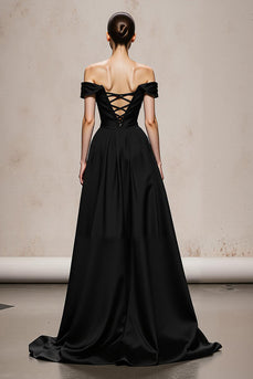 Black and White Satin A Line Patchwork Maxi Formal Dress