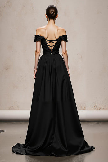 Black and White Satin A Line Patchwork Maxi Formal Dress