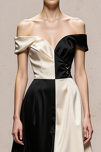 Black and White Satin A Line Patchwork Maxi Formal Dress
