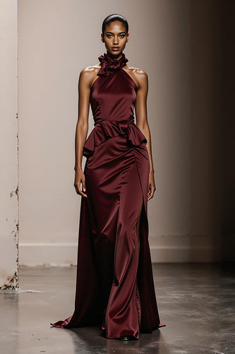 Simple Burgundy Satin Halter Neck Maxi Formal Dress