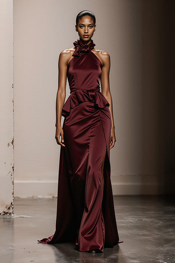 Simple Burgundy Satin Halter Neck Maxi Formal Dress
