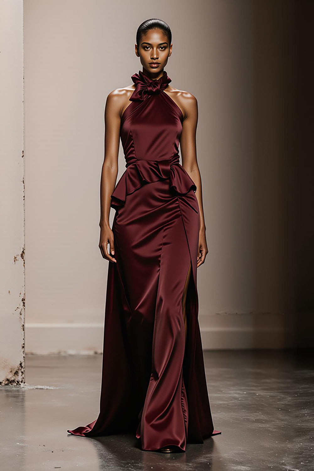 Simple Burgundy Satin Halter Neck Maxi Formal Dress