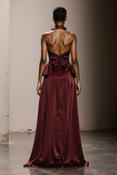 Simple Burgundy Satin Halter Neck Maxi Formal Dress
