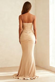Ivory Spaghetti Straps Ruched Mermaid Maxi Formal Dress