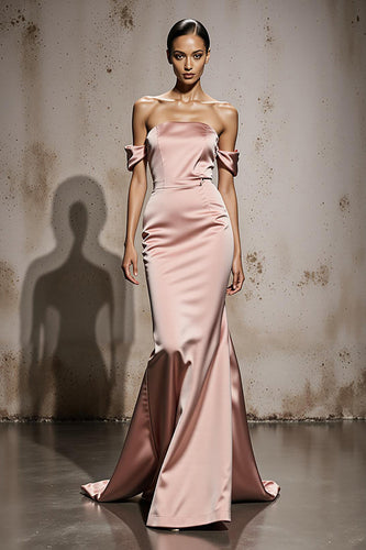 Light Pink Mermaid Off the Shoulder Satin Maxi Formal Dress